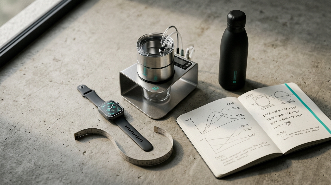 Flat-lay of tools for metabolic measurement: fitness watch, device, graphs, water, tape. For BMR, TDEE, RMR comparison.