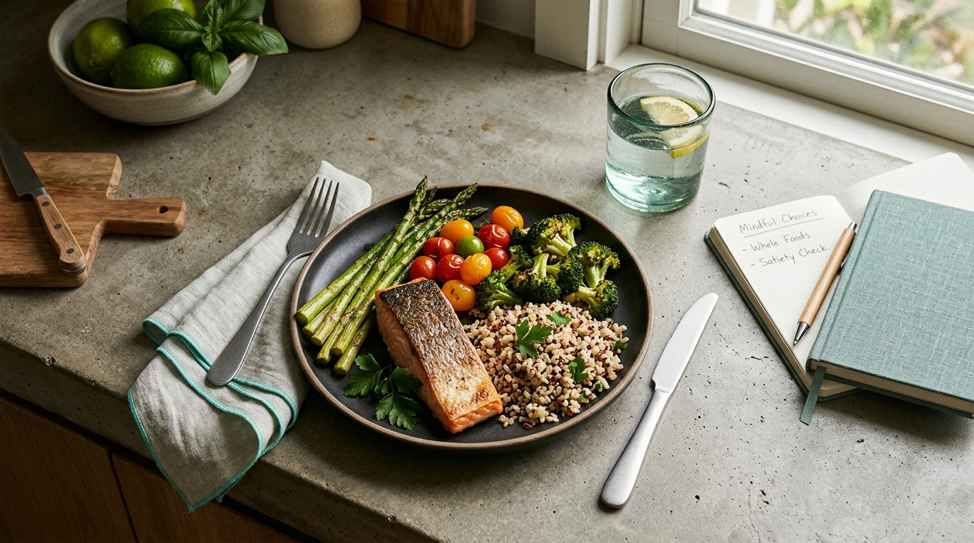 Serene overhead of a balanced whole-food plate, water, and notebook. Focus on mindful eating without counting calories.