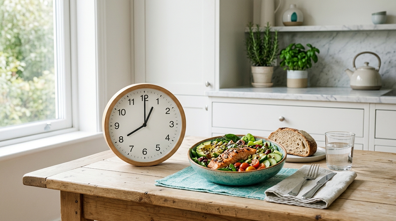 Kitchen: clock by a protein salad & water, illustrating the 8-hour eating window for 16:8 intermittent fasting.